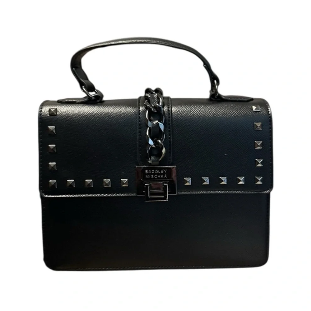 Badgley Mischka Black Dark Metal Studded Satchel Purse